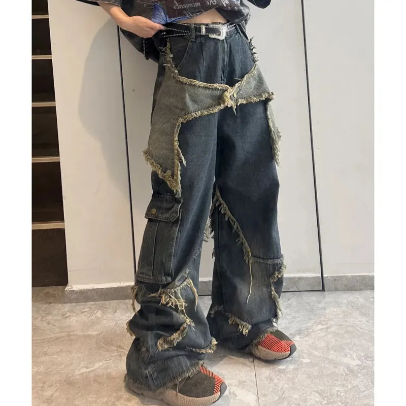 Spacige blaue Damenjeans mit hohem Bund