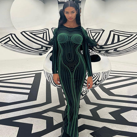 Robe Longue Verte à Manches Coupe moulante pour Femme - TREE