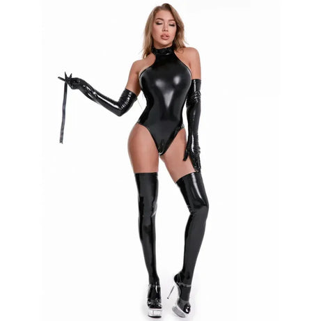 Robe libertine - Catsuit en cuir PU brillant avec zip et ouvertures