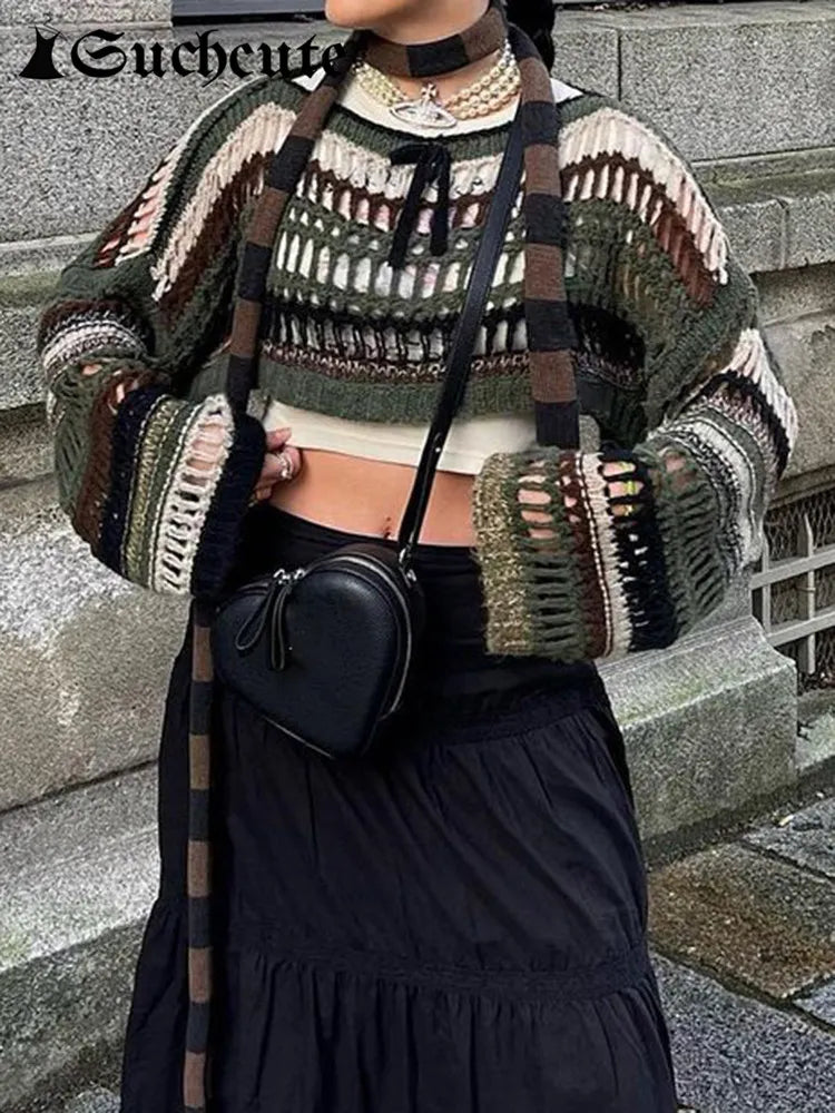 Damen-Pullover mit ausgehöhltem, gestreiftem Fischnetz