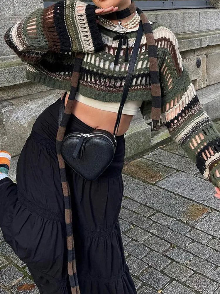 Damen-Pullover mit ausgehöhltem, gestreiftem Fischnetz