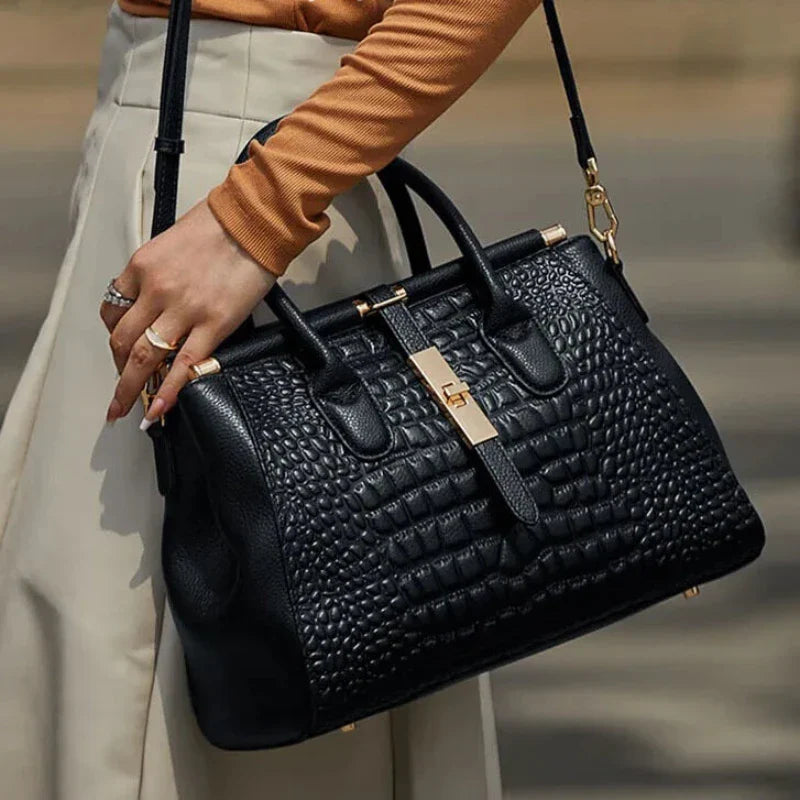 Sac à Main en Cuir Femme Noir Motif Crocodile