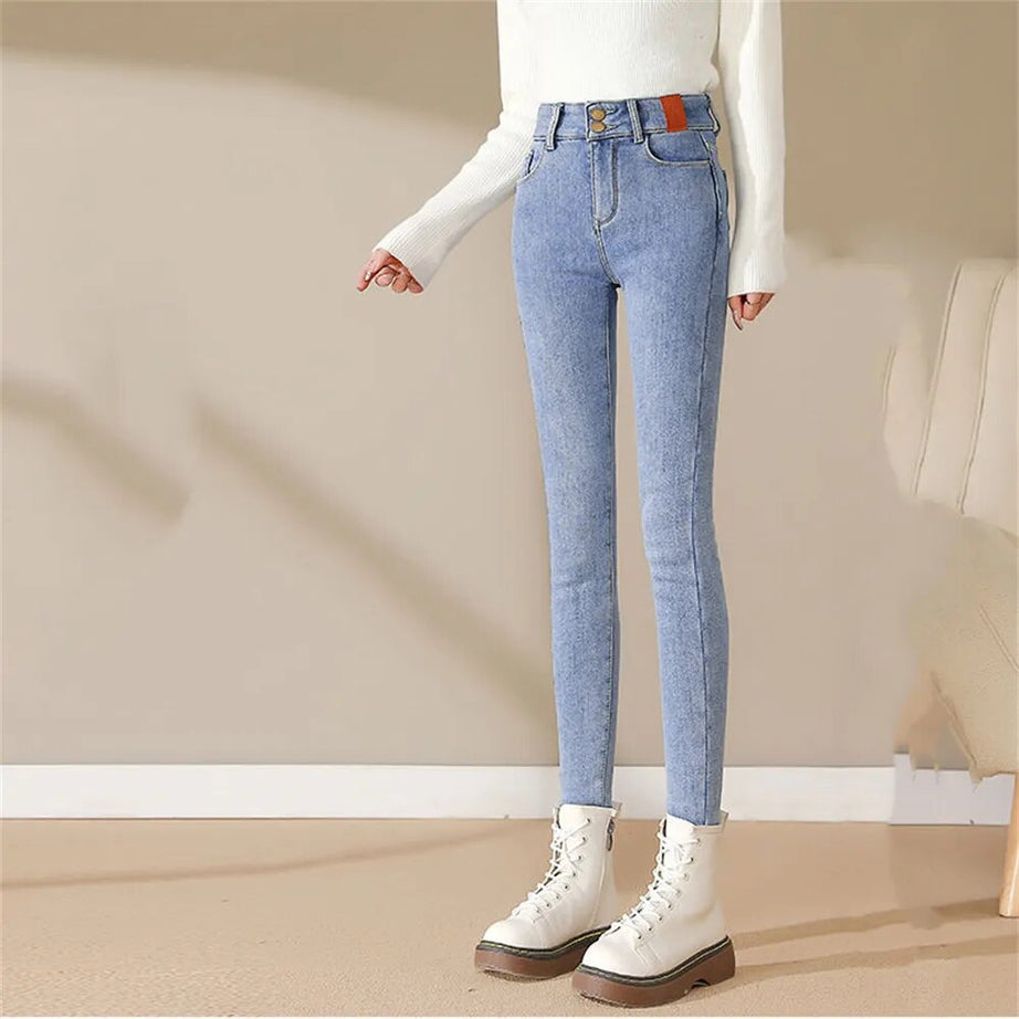 Jike warme Damenjeans mit mittelhohem Bund