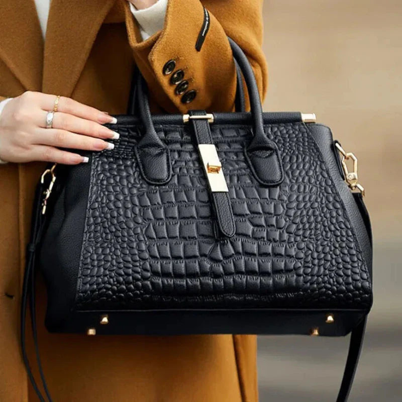 Sac à Main en Cuir Femme Noir Motif Crocodile
