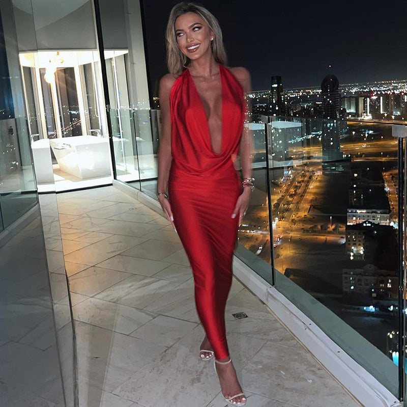 Paula - Robe soirée longue à col en V et dos nu pour femme