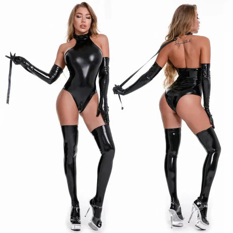 Robe libertine - Catsuit en cuir PU brillant avec zip et ouvertures