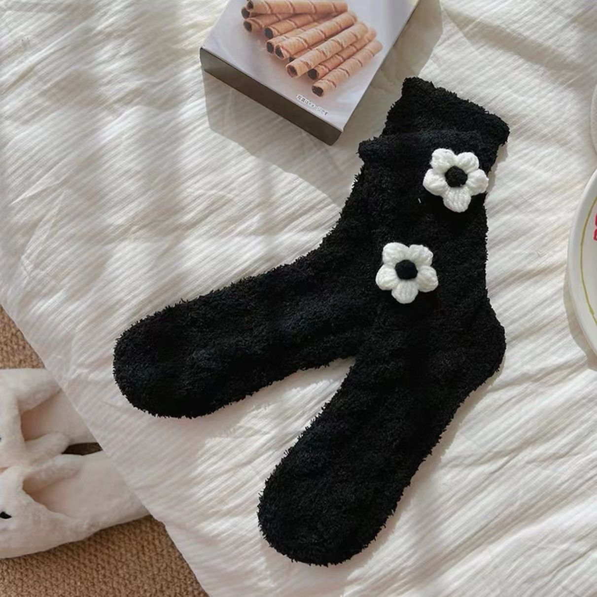 Chaussettes chaudes femme à fleurs