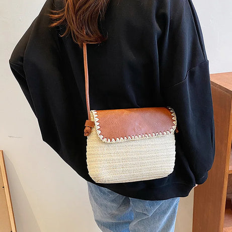 Sac en Paille Marron et Beige à Bandoulière