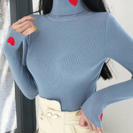 Rollkragenpullover mit Herzstickerei für Damen