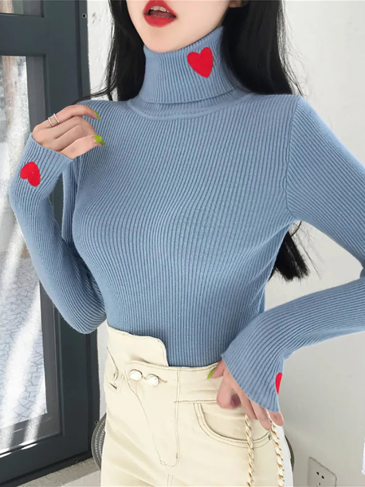 Rollkragenpullover mit Herzstickerei für Damen