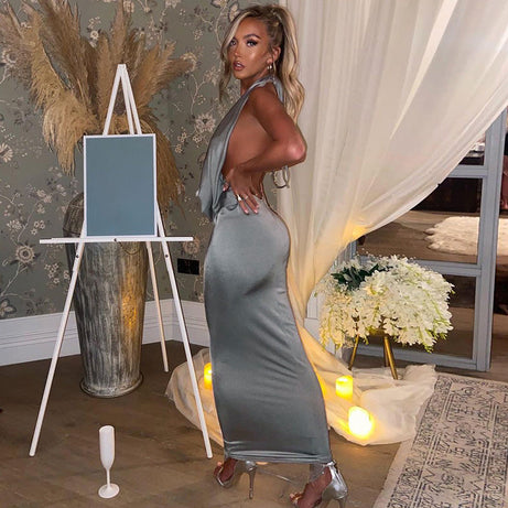 Paula - Robe soirée longue à col en V et dos nu pour femme