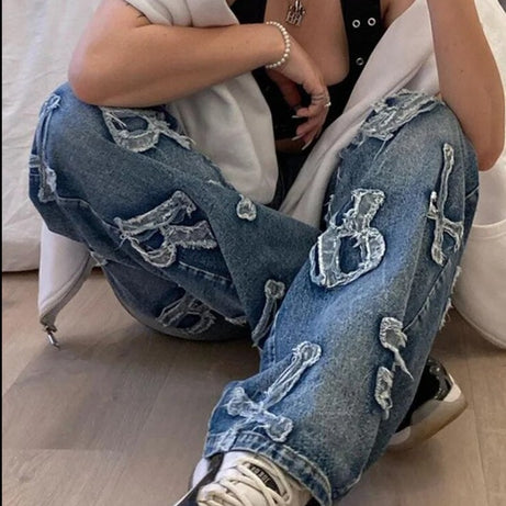 Yadoo Damen-Patchwork-Jeans