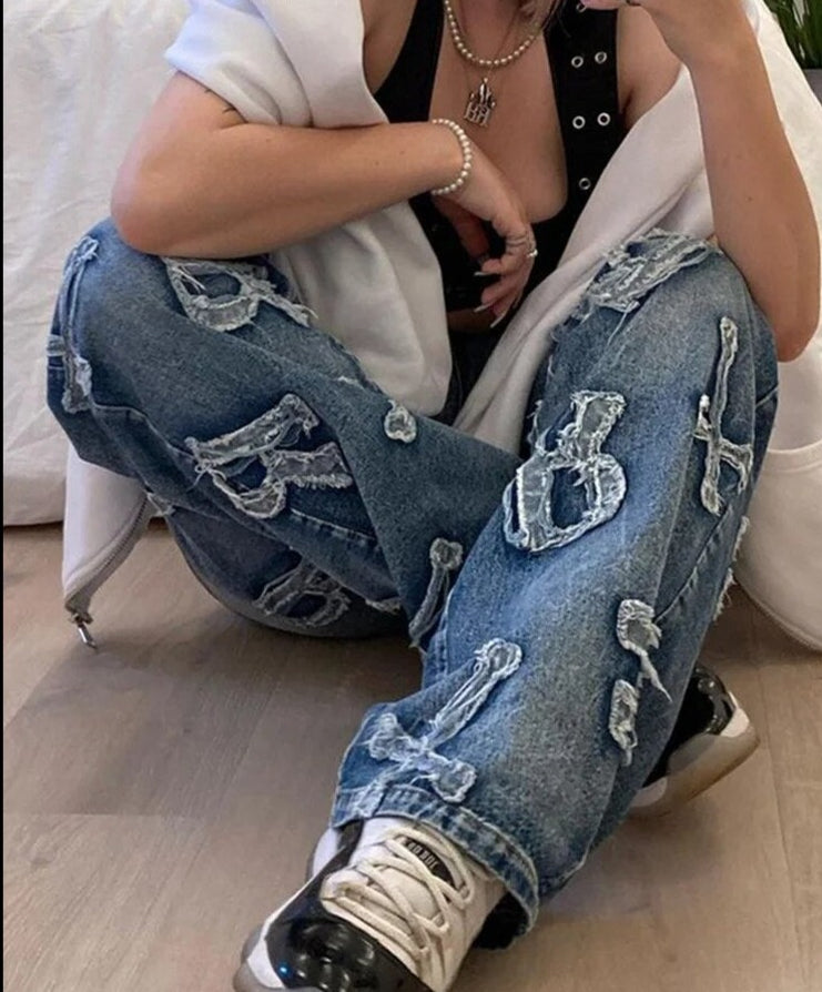 Yadoo Damen-Patchwork-Jeans