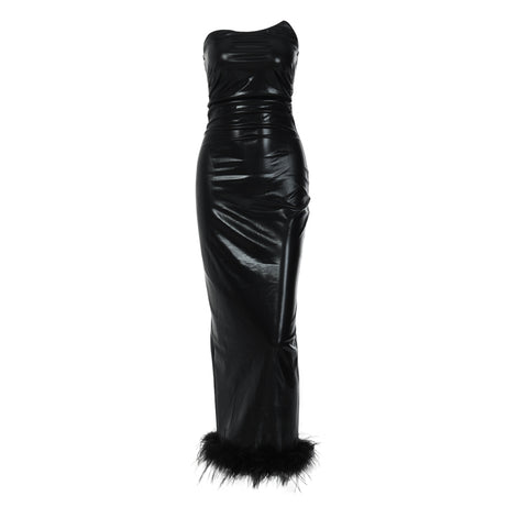 Robe longue noire en cuir Pu pour femme - Porta