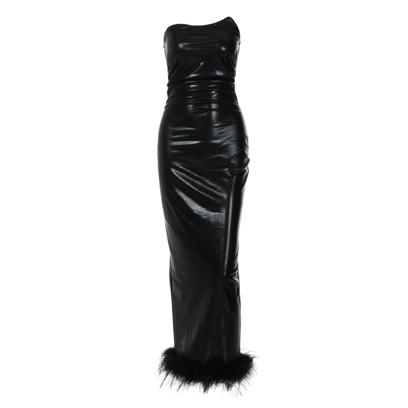 Robe longue noire en cuir Pu pour femme - Porta