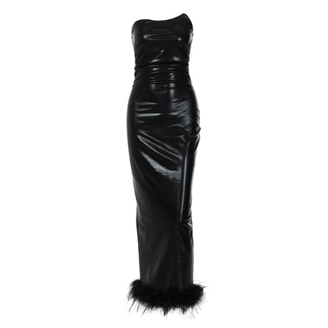 Marta - Robe soirée longue noire en cuir Pu pour femme