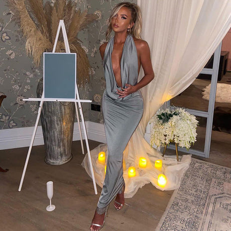 Paula - Robe soirée longue à col en V et dos nu pour femme