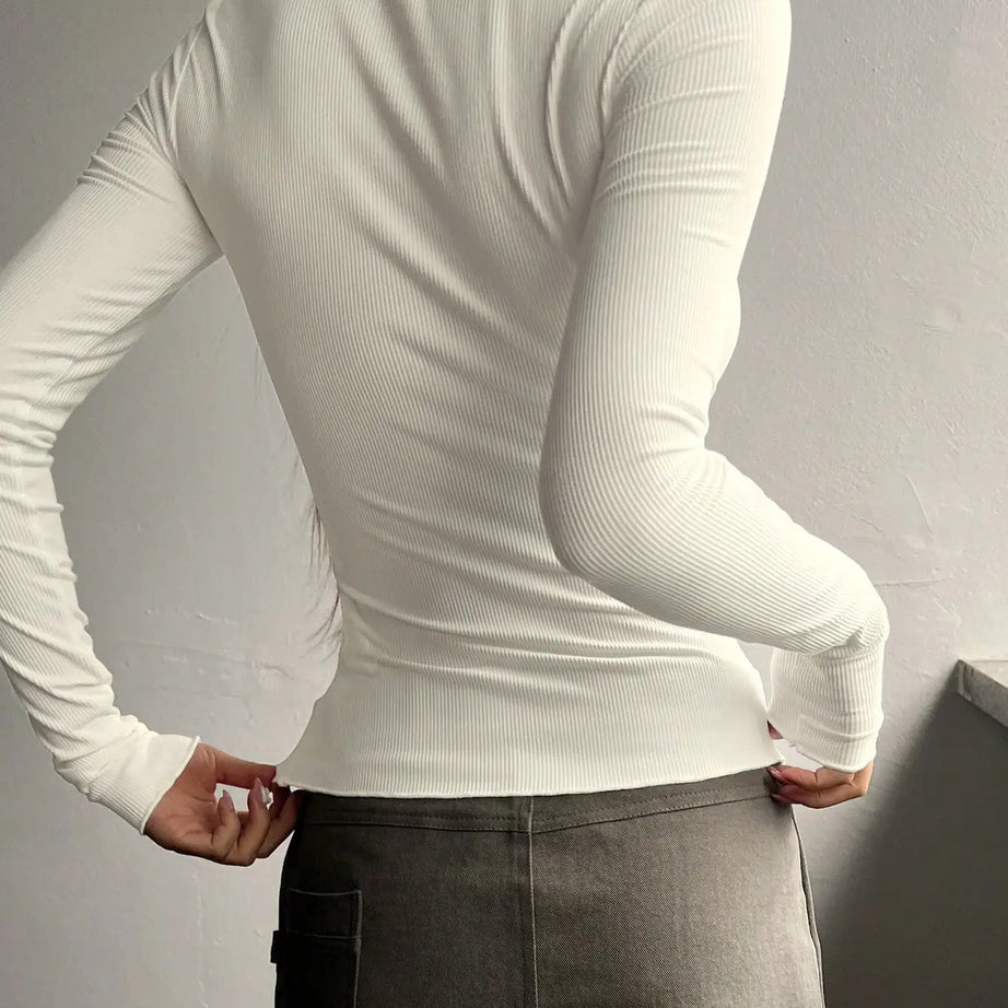 Haut Femme Côtelé à Manches Longues – T-Shirt Henley avec Boutons