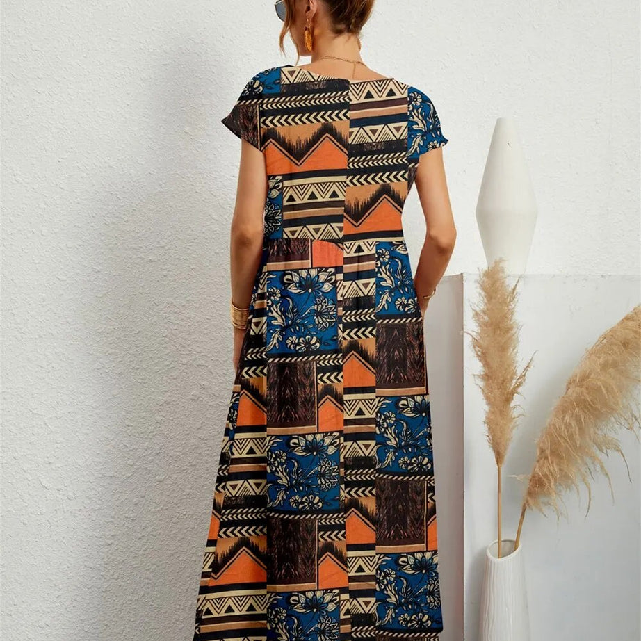 Sparoo Damen Bohemian-Kleid mit kurzen Ärmeln und Rundhalsausschnitt
