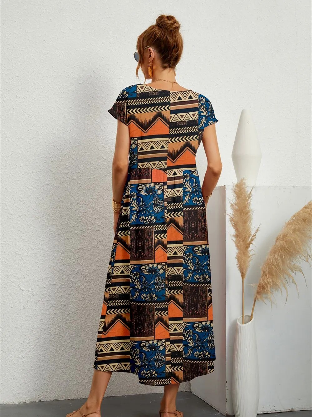 Sparoo Damen Bohemian-Kleid mit kurzen Ärmeln und Rundhalsausschnitt