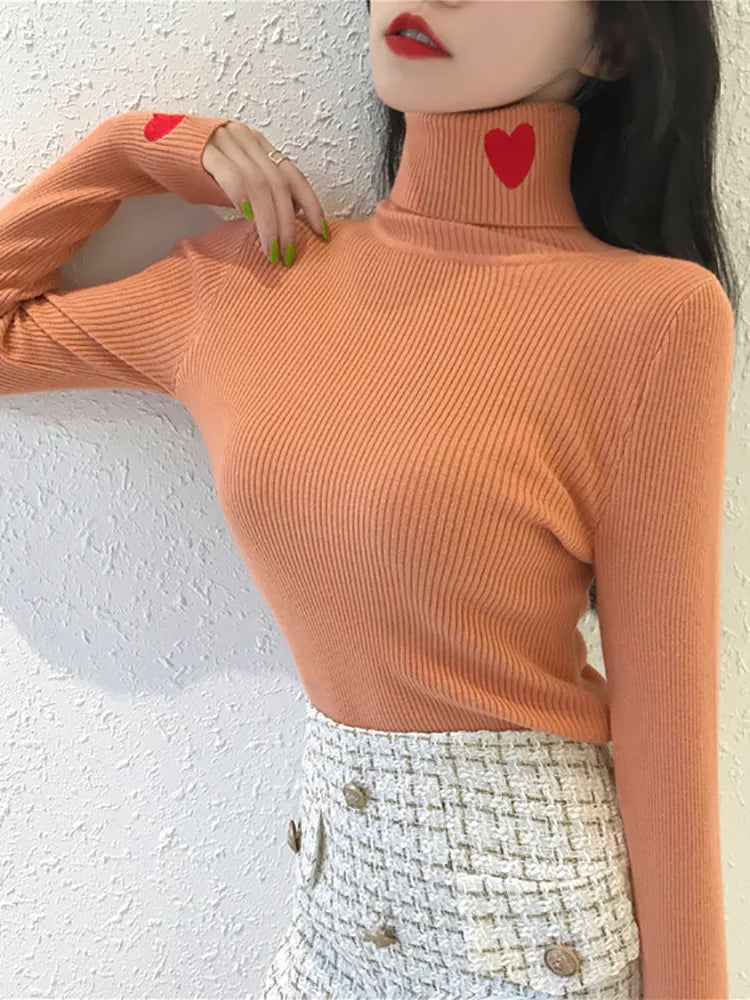 Rollkragenpullover mit Herzstickerei für Damen
