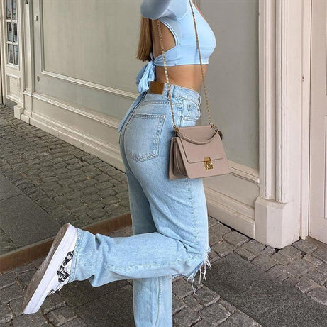 Noena | Jeans femme coupe loose déchiré jambe large taille haute décontracté Baggy Jeans