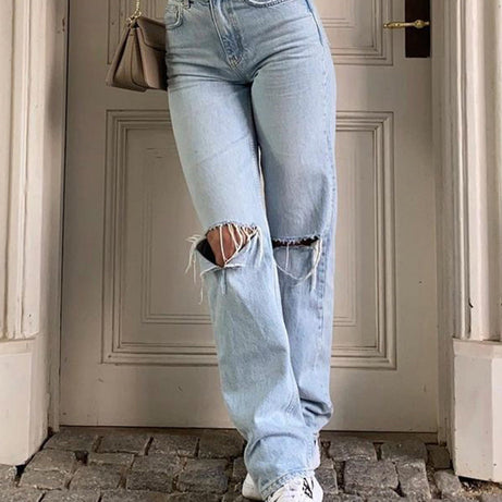 Noena | Jeans femme coupe loose déchiré jambe large taille haute décontracté Baggy Jeans