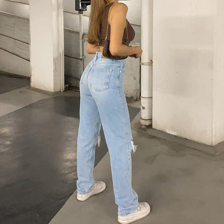 Noena | Jeans femme coupe loose déchiré jambe large taille haute décontracté Baggy Jeans