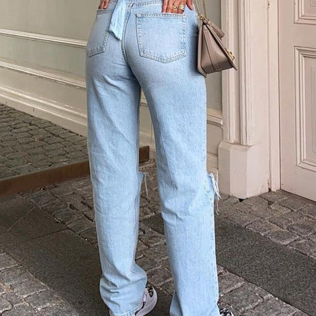 Noena | Jeans femme coupe loose déchiré jambe large taille haute décontracté Baggy Jeans