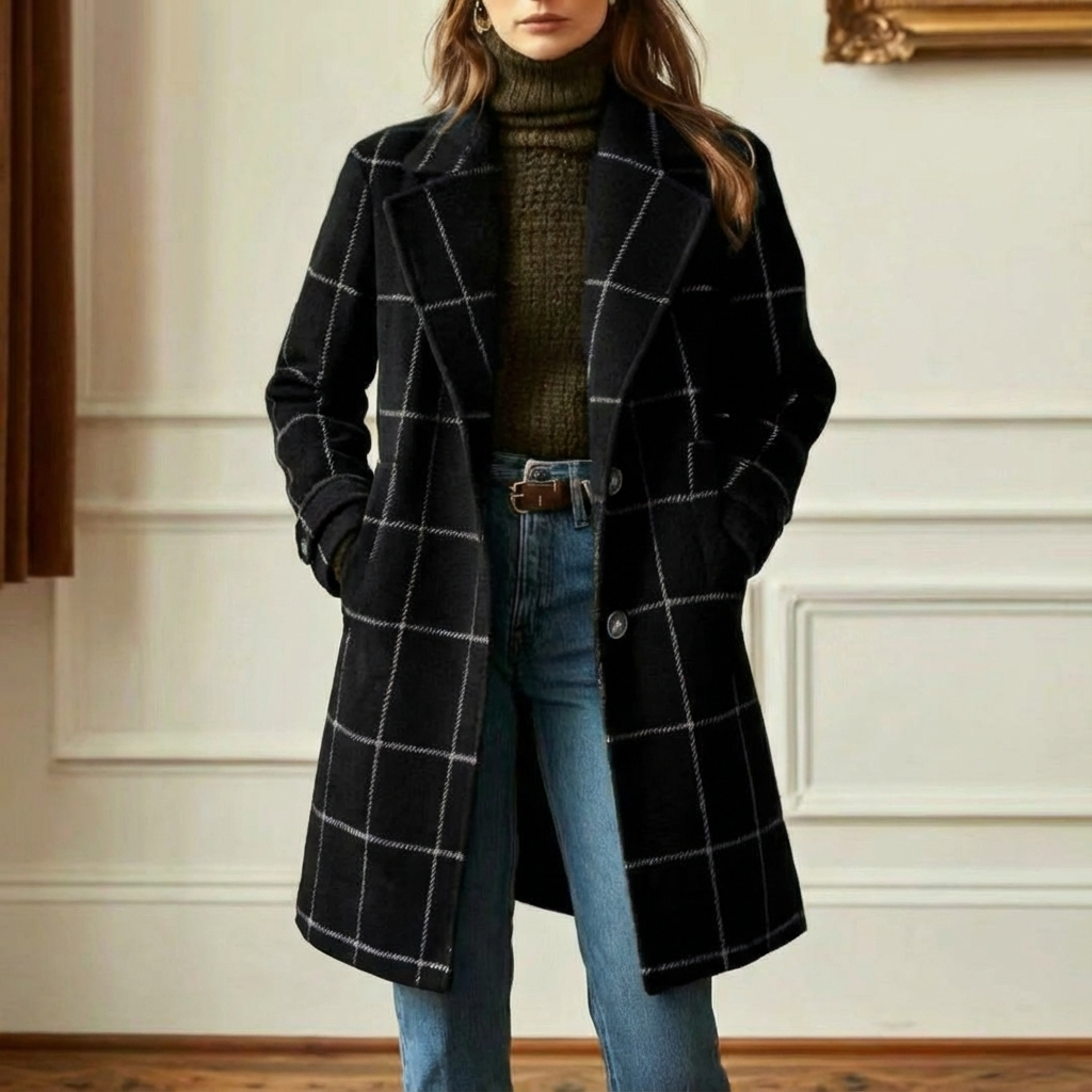 Manteau à Carreaux en Laine Mélangée
