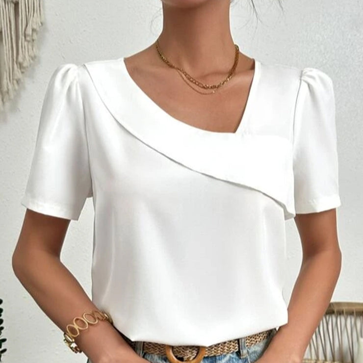 Blouse Femme Été - Blanche, Col Asymétrique, Manches Bouffantes