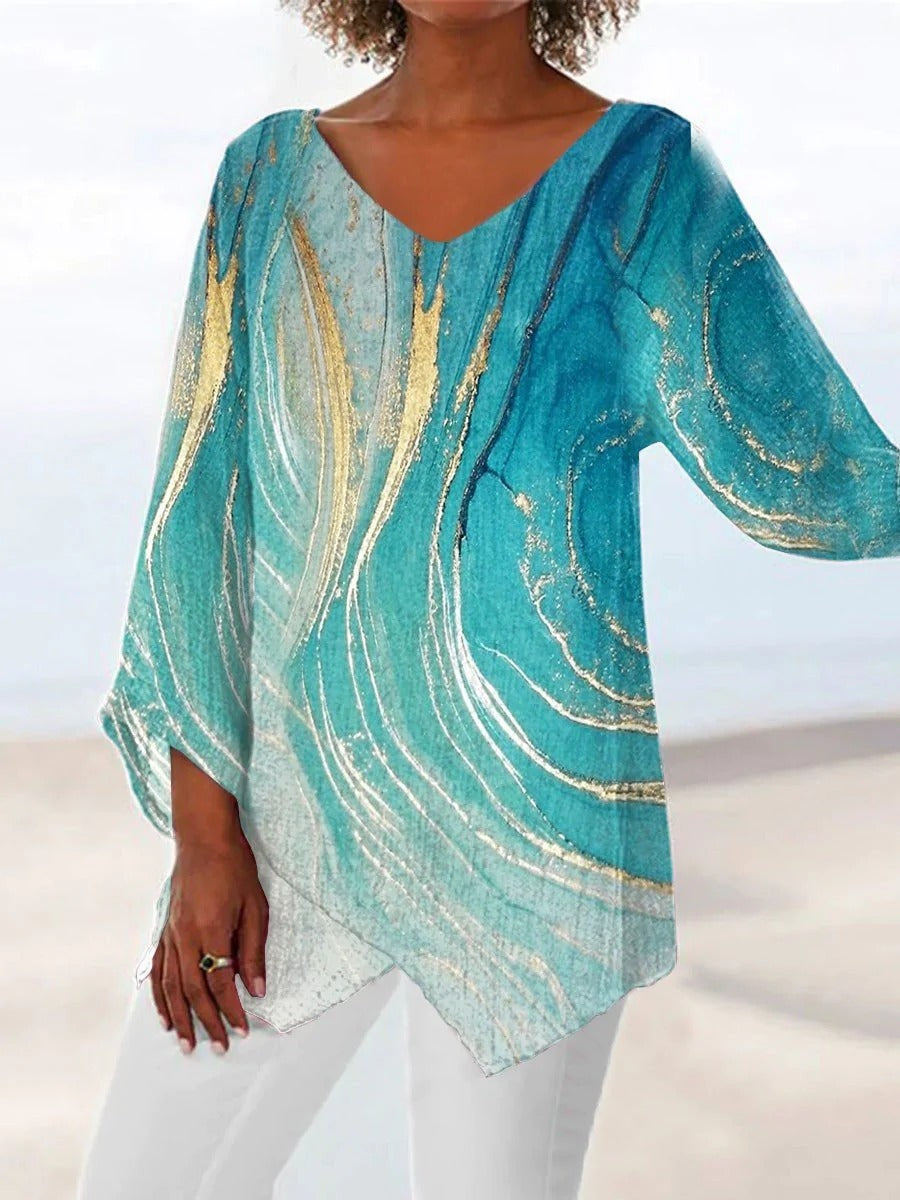 Blouse  - Col V à Motif Coloré et Manches Longues