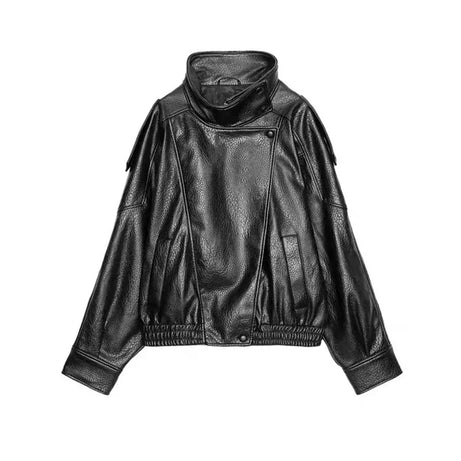 Veste noire pour femme en simili cuir avec col montant | coupe loose zippée