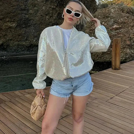 Bomber femme scintillant ivoire avec sequins et fermeture éclair