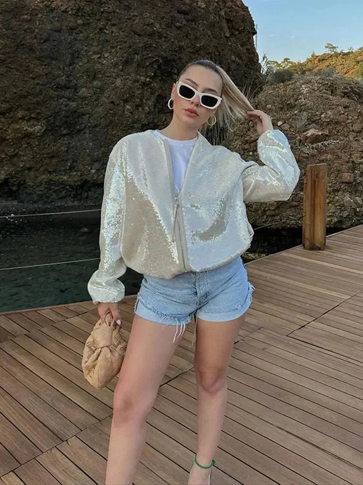 Bomber femme scintillant ivoire avec sequins et fermeture éclair