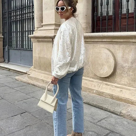 Bomber femme scintillant ivoire avec sequins et fermeture éclair