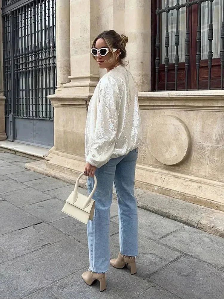 Bomber femme scintillant ivoire avec sequins et fermeture éclair