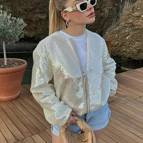 Bomber femme scintillant ivoire avec sequins et fermeture éclair