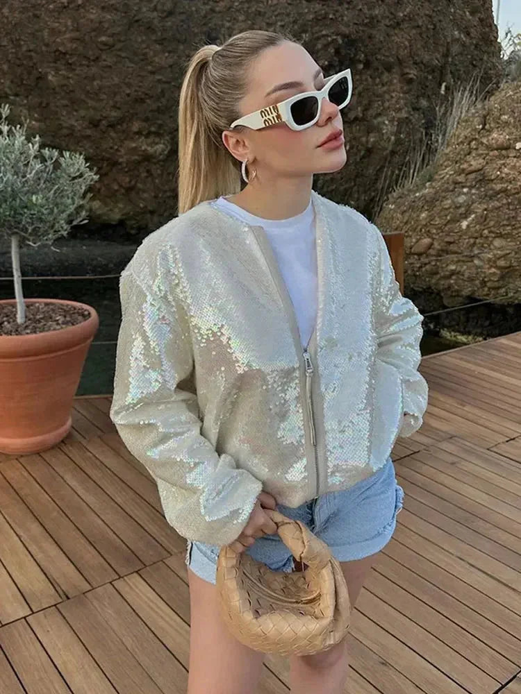 Bomber femme scintillant ivoire avec sequins et fermeture éclair