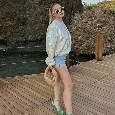 Bomber femme scintillant ivoire avec sequins et fermeture éclair