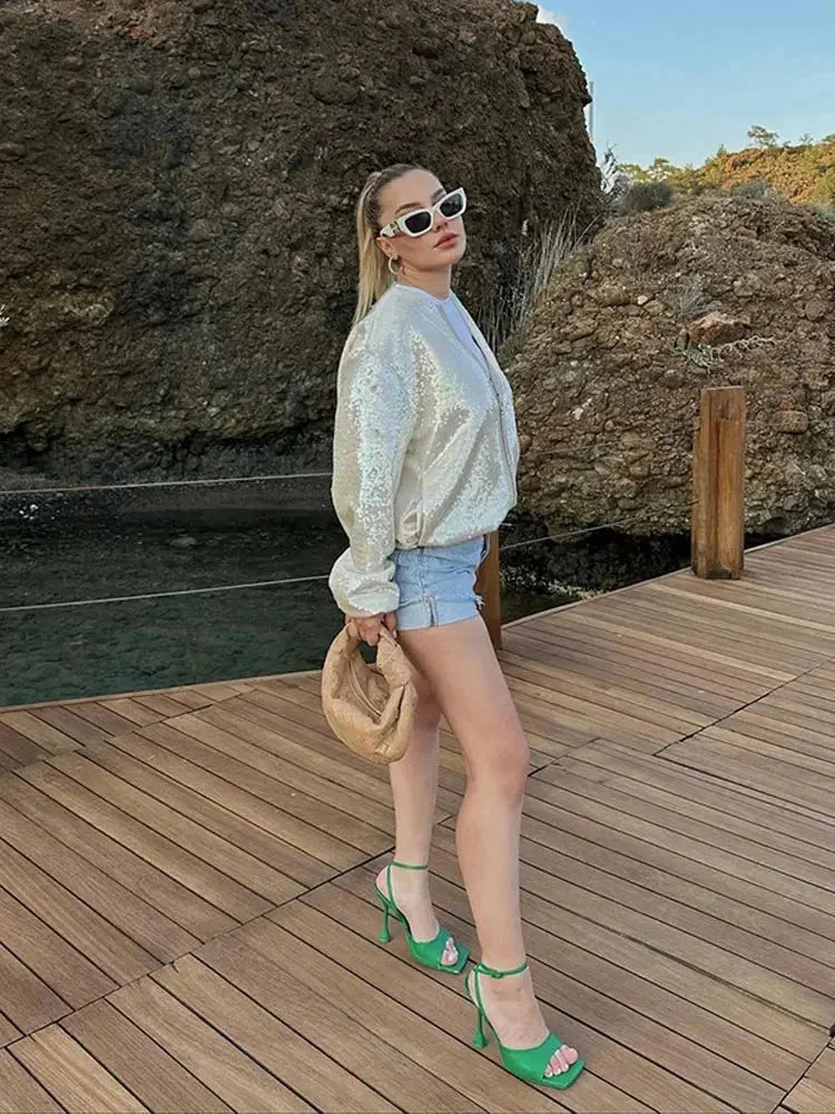 Bomber femme scintillant ivoire avec sequins et fermeture éclair