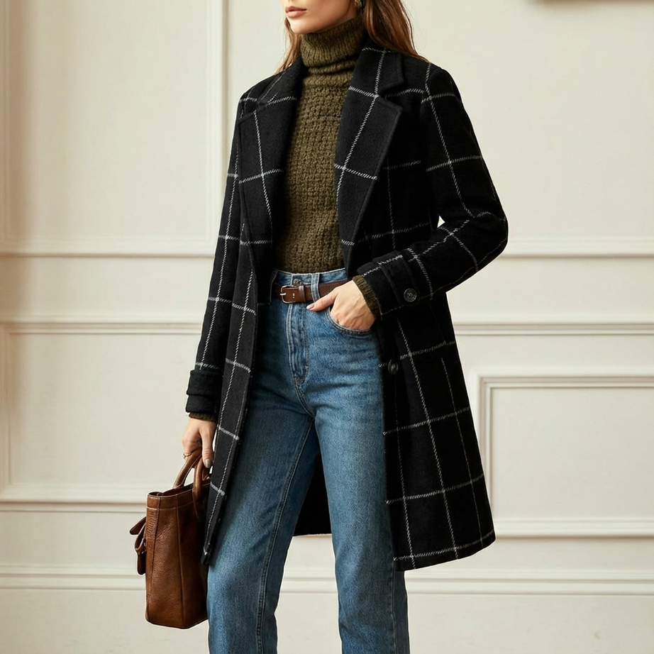 Manteau à Carreaux en Laine Mélangée