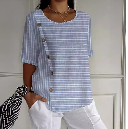 Chemise Lin Coton Imprimé Femme - Décontractée - Bleu