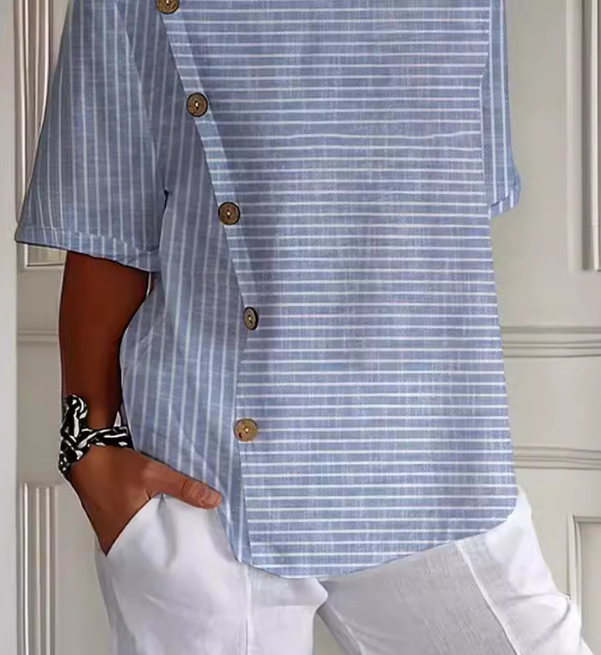 Chemise Lin Coton Imprimé Femme - Décontractée - Bleu