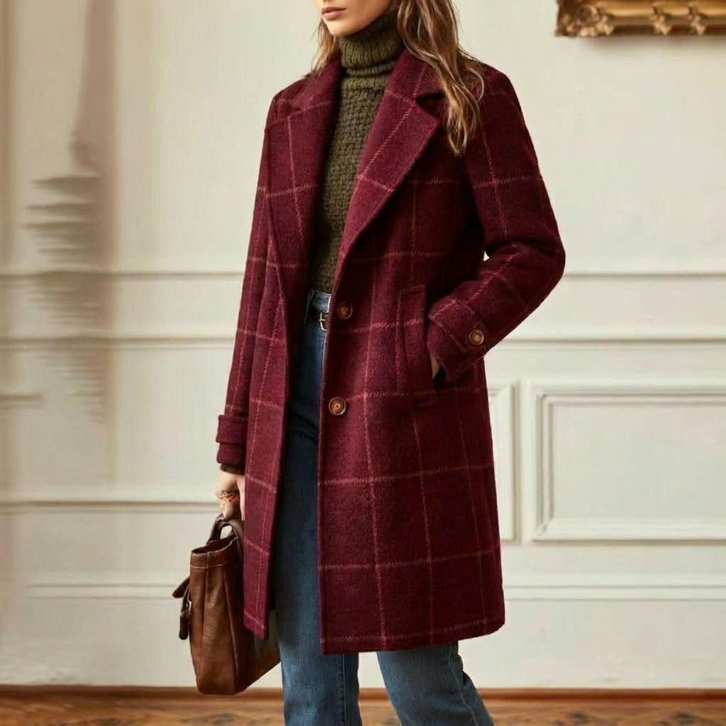 Manteau à Carreaux en Laine Mélangée
