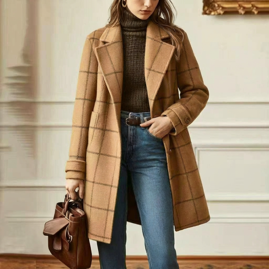 Manteau à Carreaux en Laine Mélangée