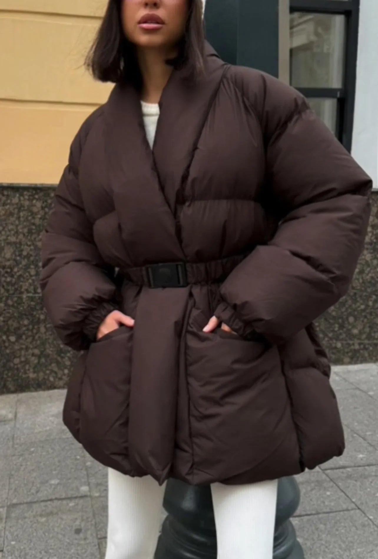 Doudoune femme avec ceinture et col montant