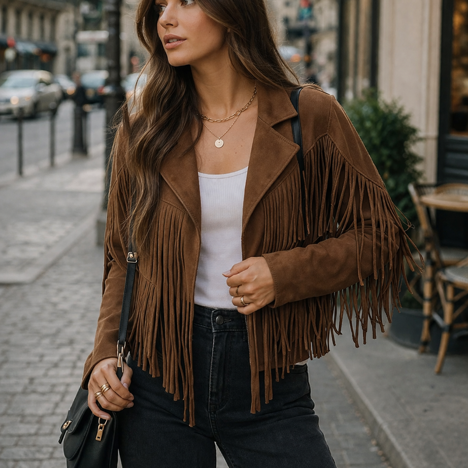 Veste femme à franges en daim marron