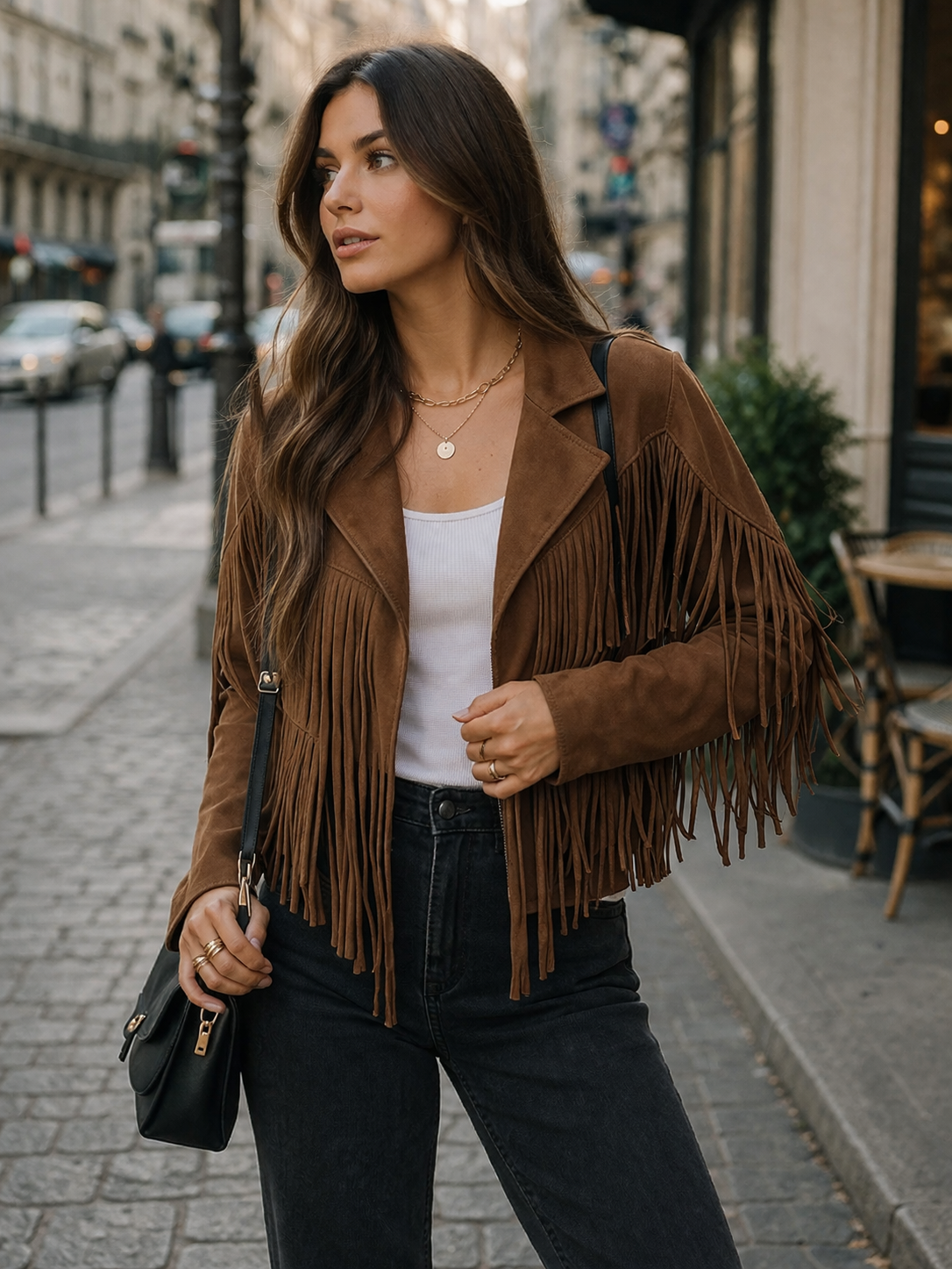 Veste femme à franges en daim marron