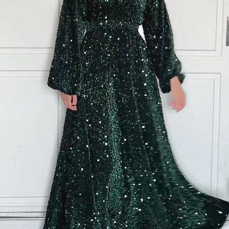 Natash - Robe de soirée à paillettes à manches longues et col rond